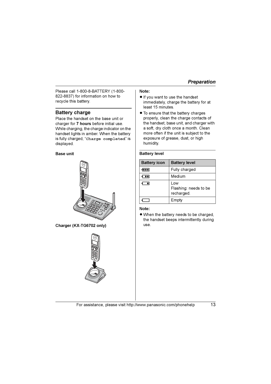 Panasonic KX-TG6700 Battery charge, Base unit Charger KX-TG6702 only, Battery level Battery icon Battery level 