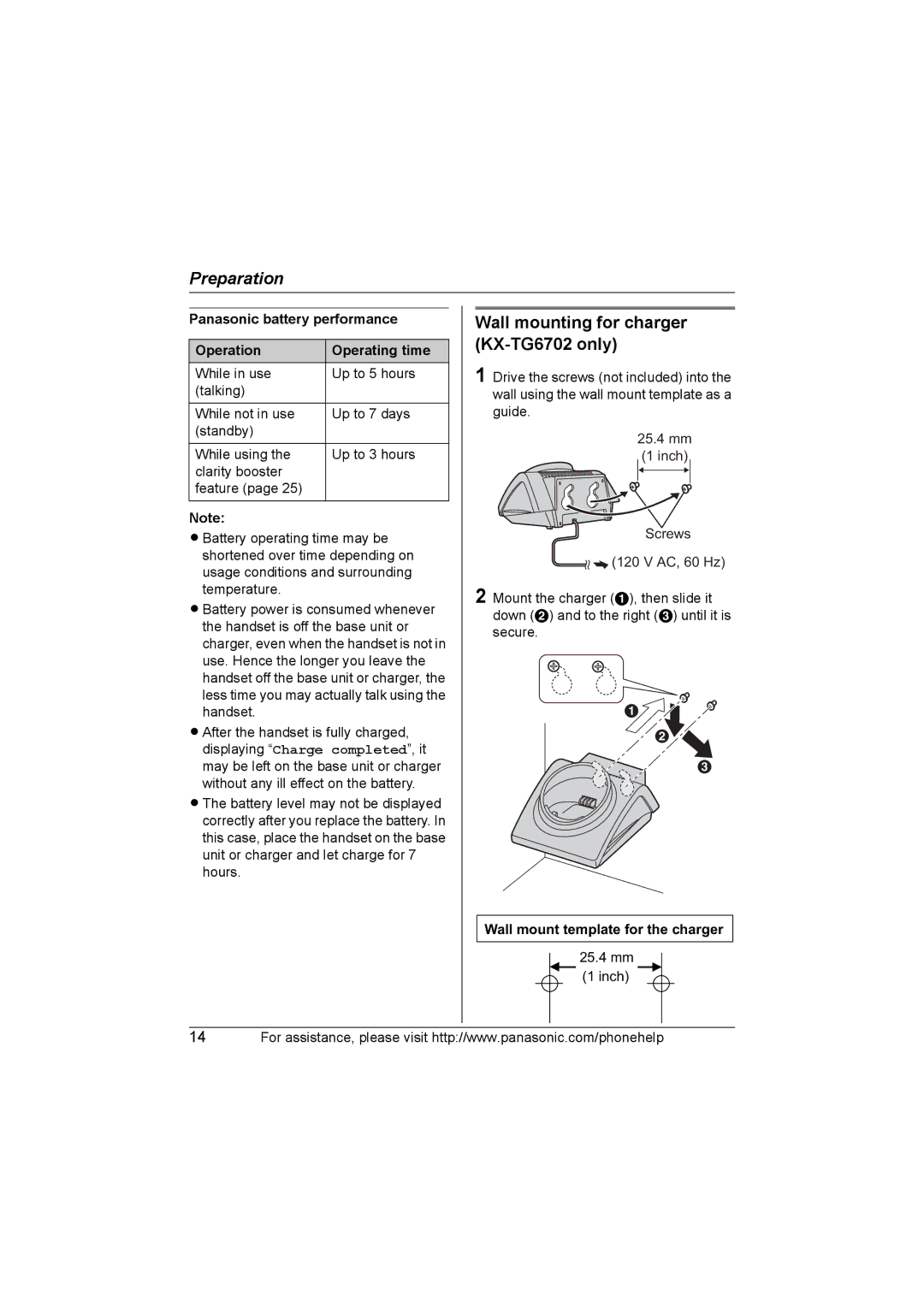 Panasonic KX-TG6700 Wall mounting for charger KX-TG6702 only, Panasonic battery performance Operation Operating time 