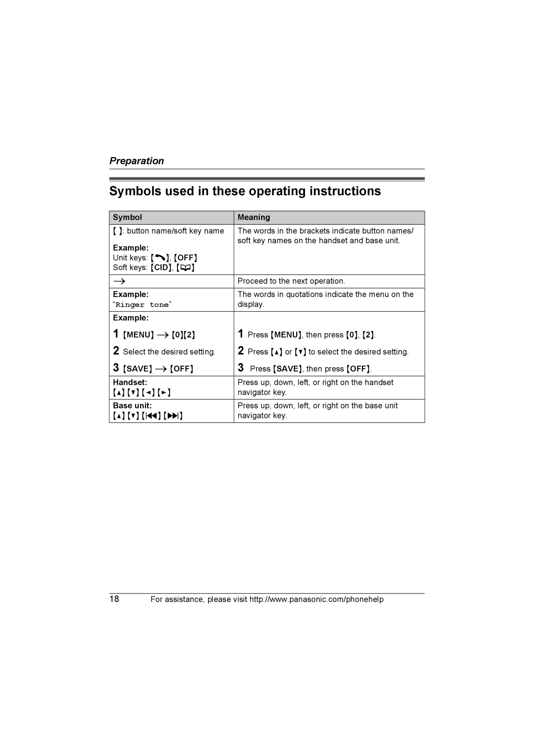 Panasonic KX-TG6702, KX-TG6700 Symbols used in these operating instructions, Symbol Meaning, Save iOFF, Handset, Base unit 