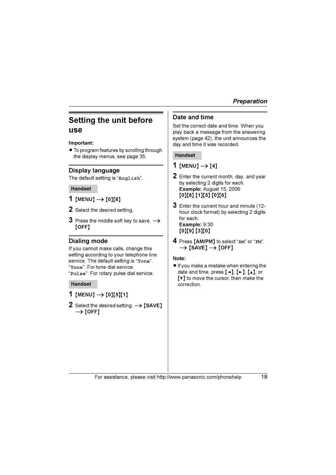 Panasonic KX-TG6700, KX-TG6702 Setting the unit before use, Display language, Dialing mode, Date and time 