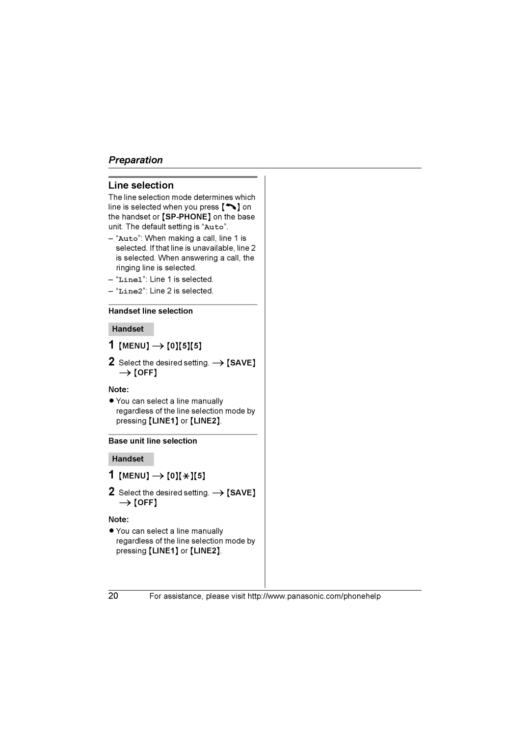 Panasonic KX-TG6702, KX-TG6700 Line selection, Handset line selection, Base unit line selection Handset 