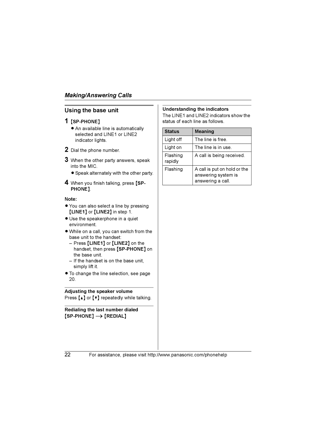 Panasonic KX-TG6702, KX-TG6700 operating instructions Adjusting the speaker volume, Status Meaning 