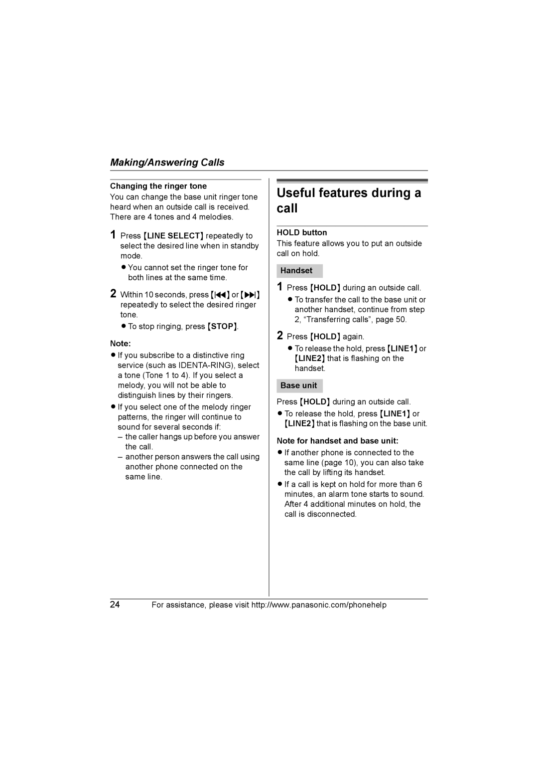 Panasonic KX-TG6702, KX-TG6700 operating instructions Useful features during a call, Changing the ringer tone, Hold button 