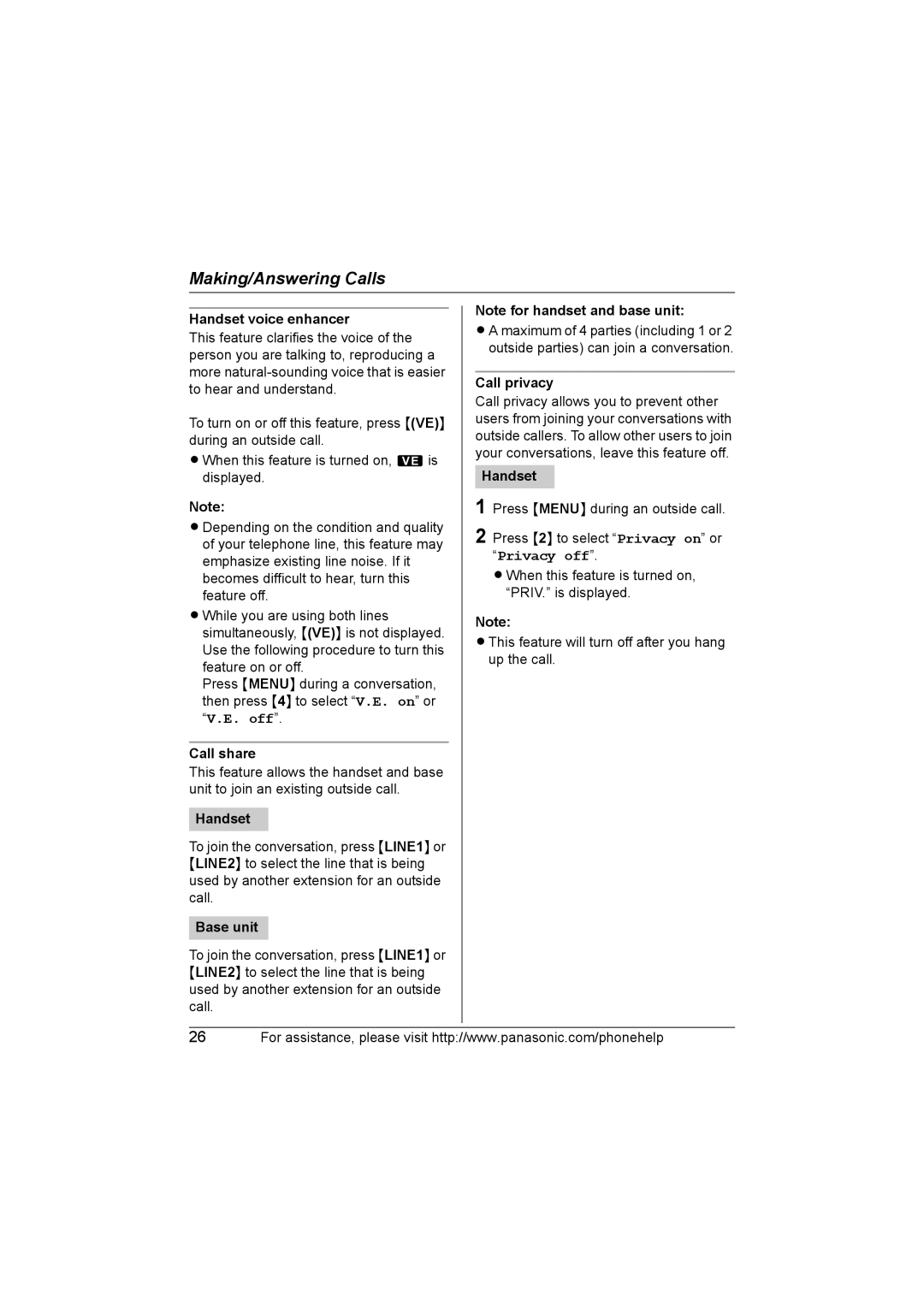 Panasonic KX-TG6702, KX-TG6700 operating instructions Handset voice enhancer, Call share, Call privacy 