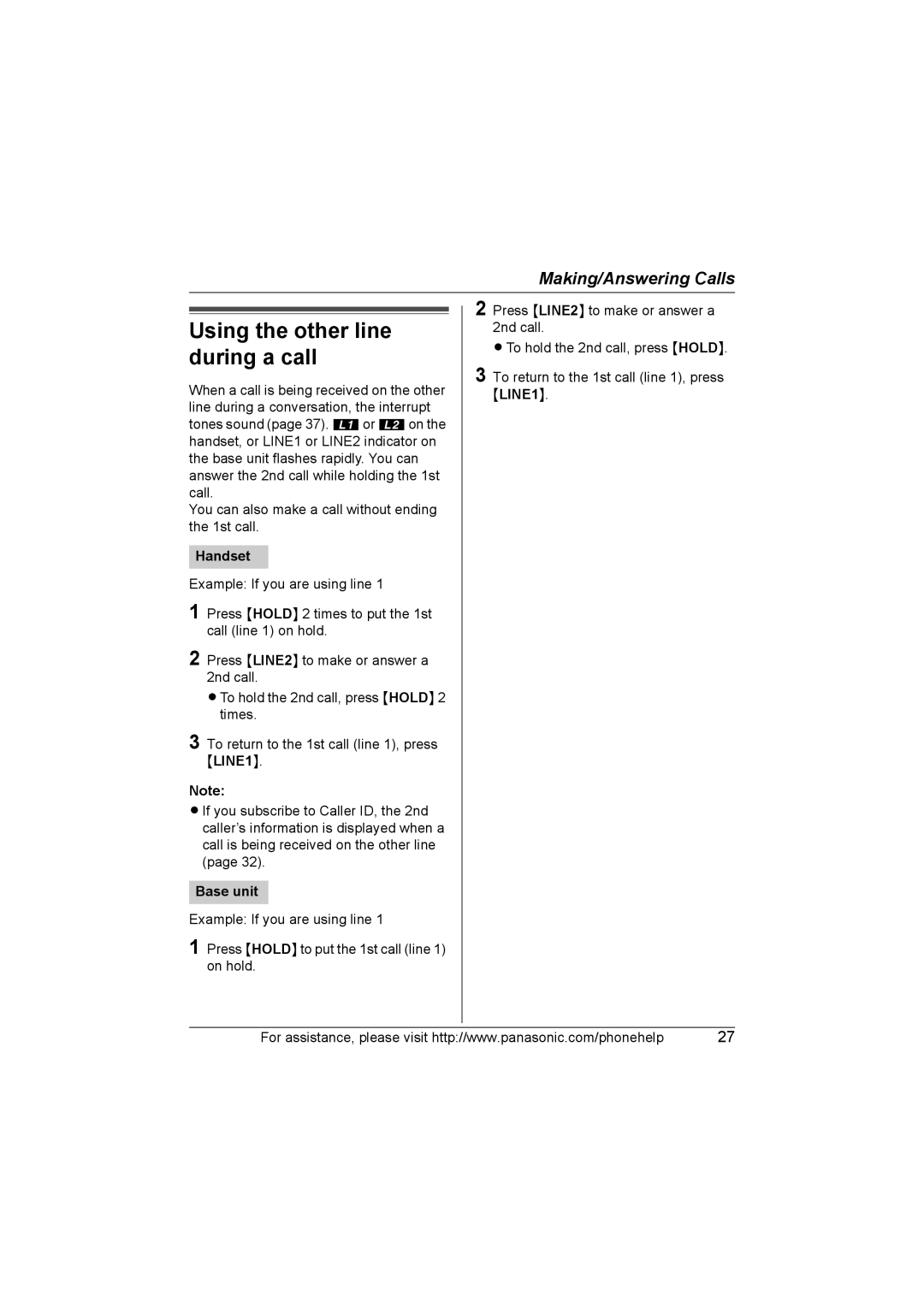 Panasonic KX-TG6700, KX-TG6702 operating instructions Using the other line during a call 