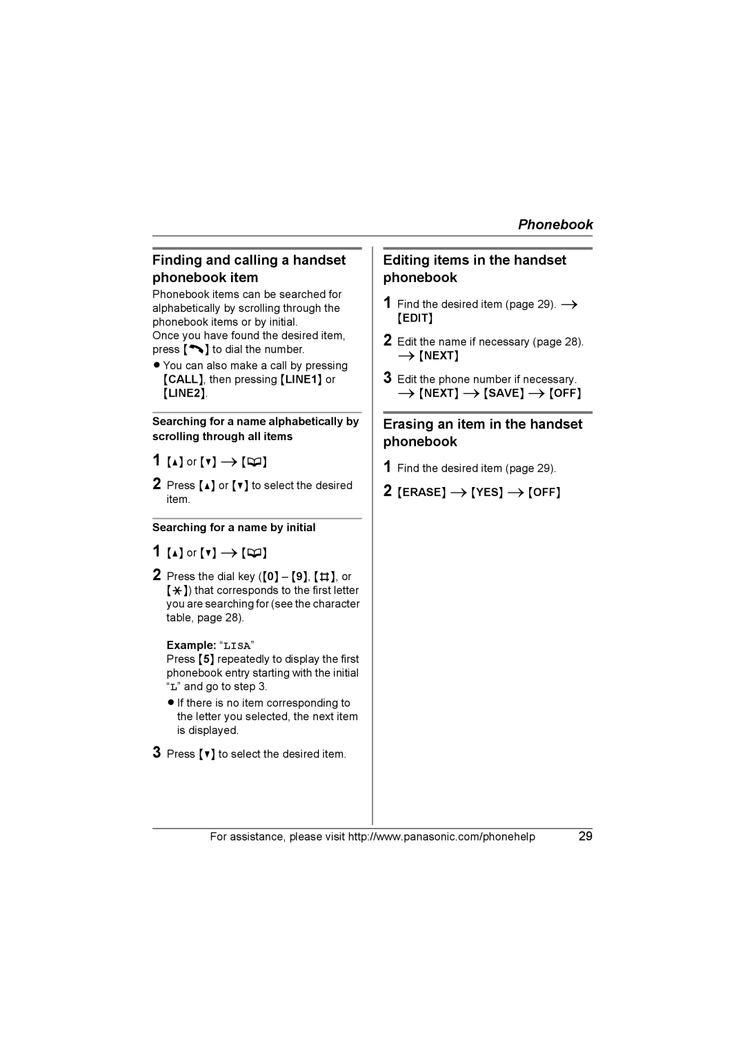 Panasonic KX-TG6700, KX-TG6702 Finding and calling a handset phonebook item, Editing items in the handset phonebook 