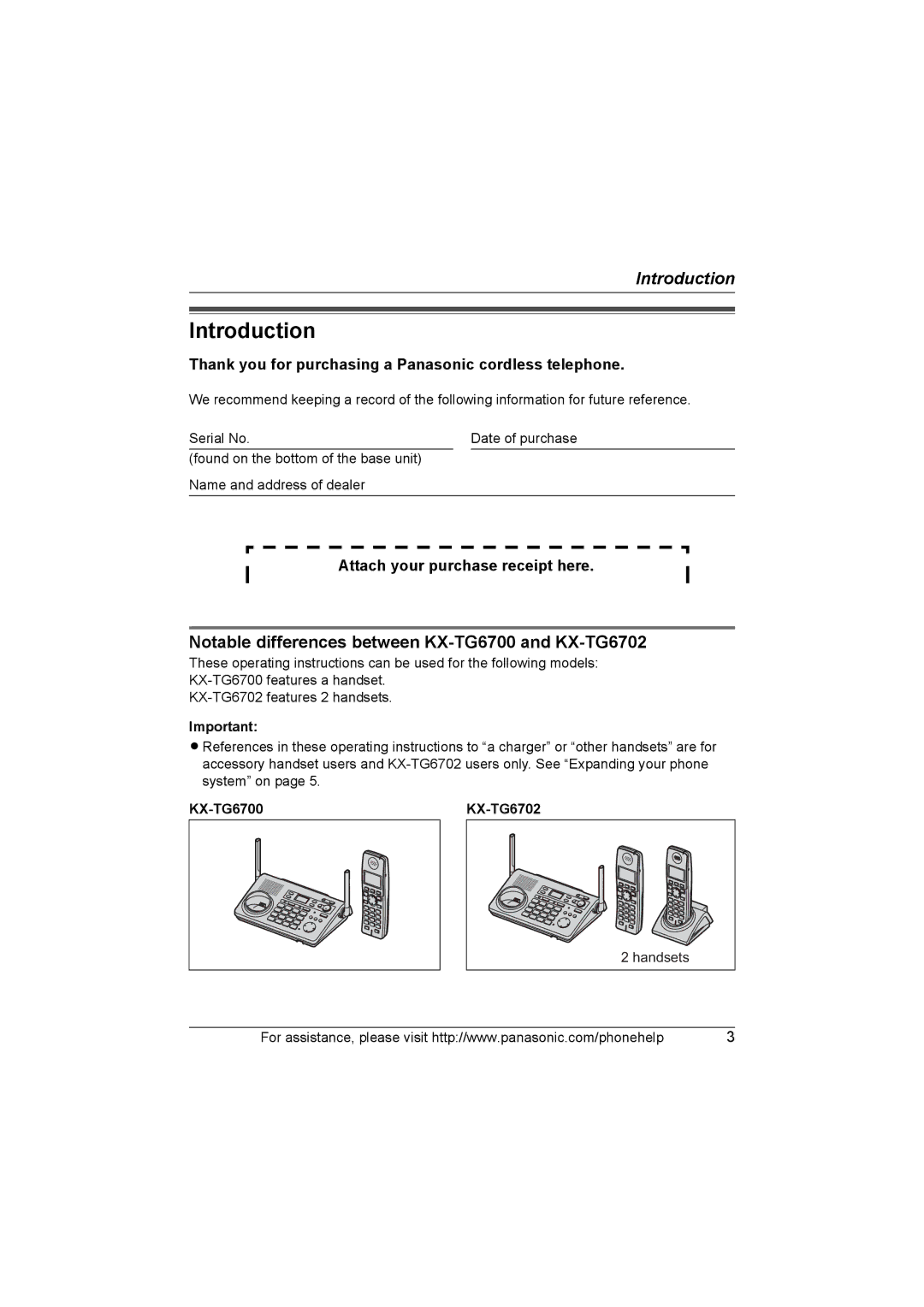 Panasonic operating instructions Introduction, Notable differences between KX-TG6700 and KX-TG6702, KX-TG6700 KX-TG6702 