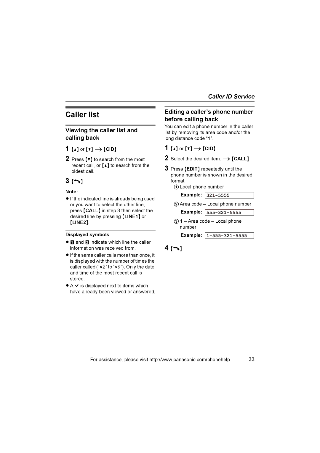 Panasonic KX-TG6700, KX-TG6702 Caller list, Viewing the caller list and calling back, Displayed symbols 