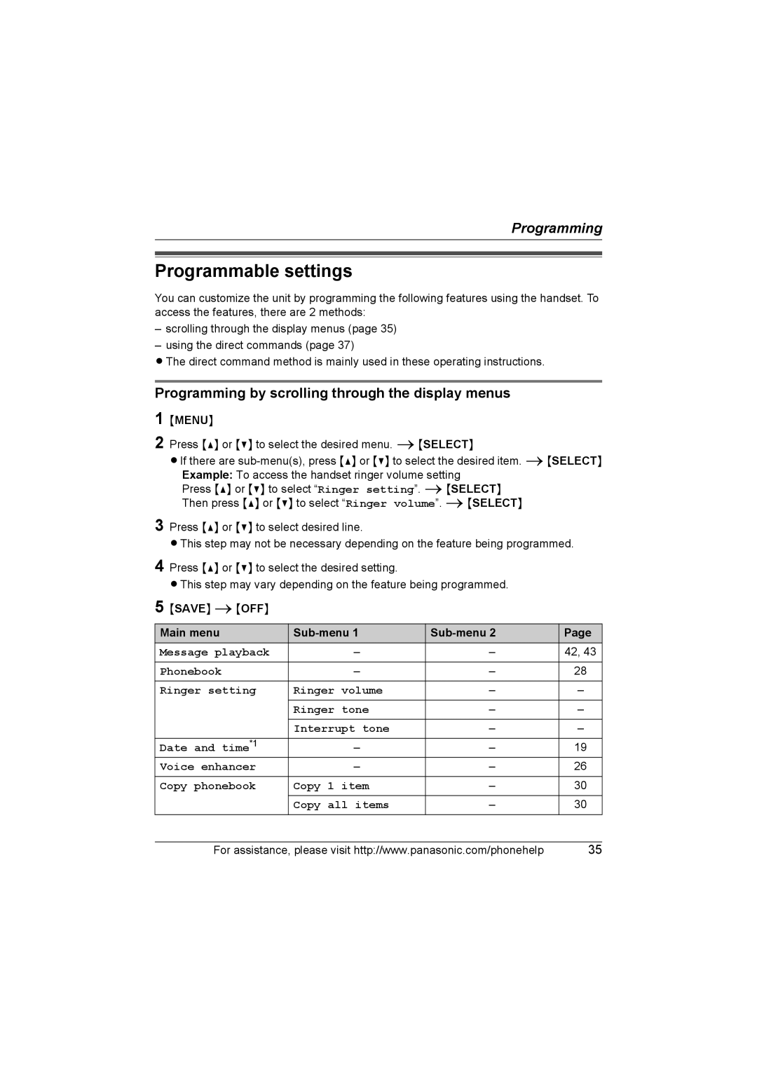 Panasonic KX-TG6700, KX-TG6702 Programmable settings, Programming by scrolling through the display menus 