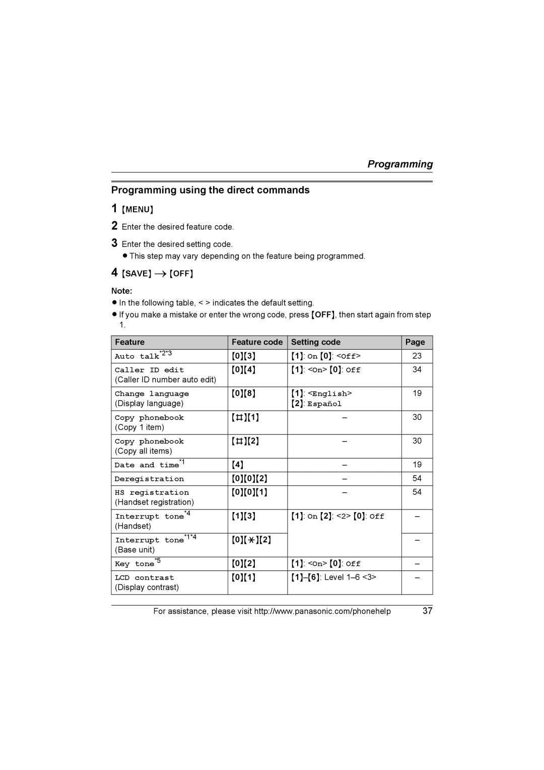 Panasonic KX-TG6700, KX-TG6702 Programming using the direct commands 1, Feature Feature code Setting code 