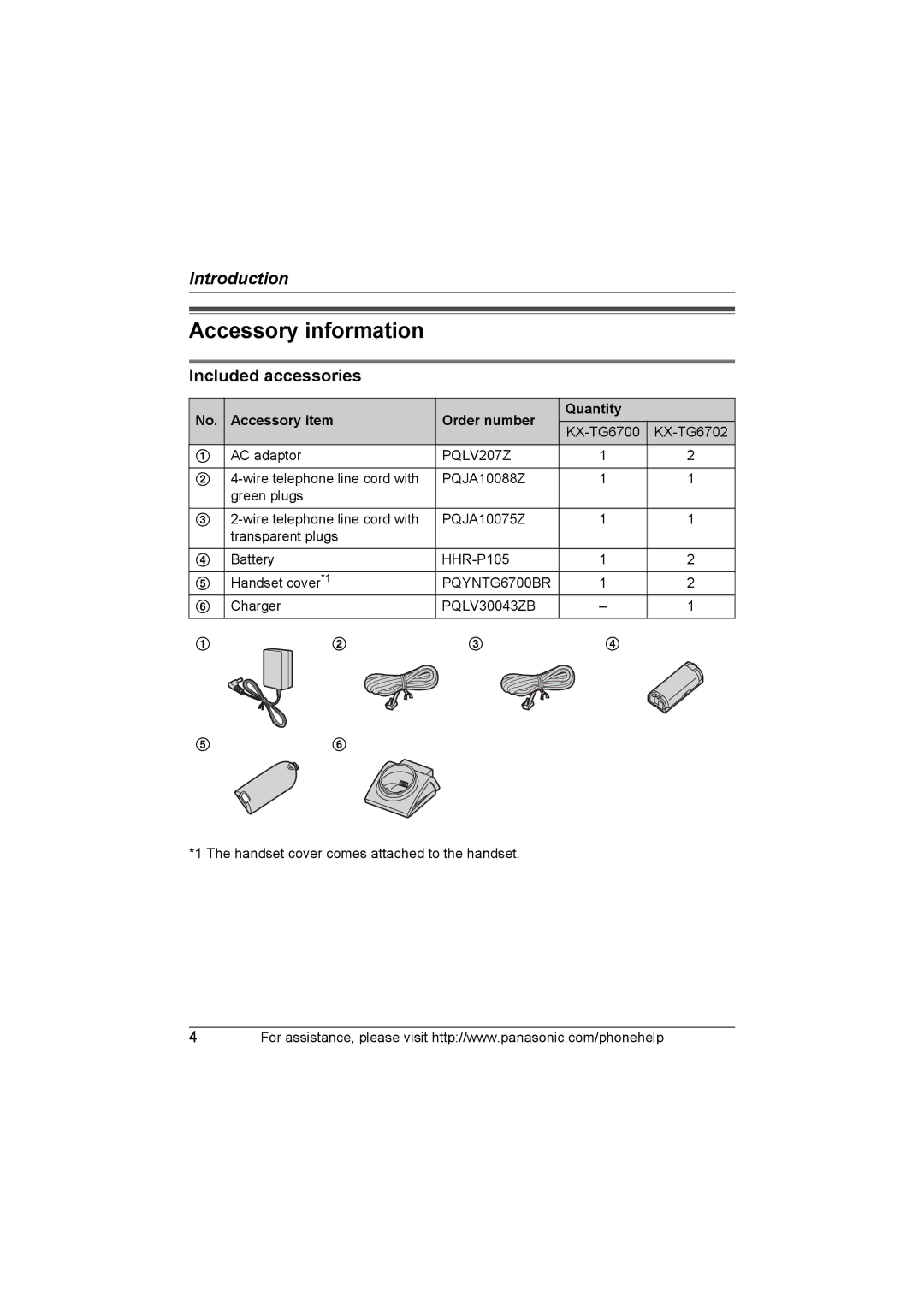 Panasonic KX-TG6702, KX-TG6700 Accessory information, Included accessories, Accessory item Order number Quantity 