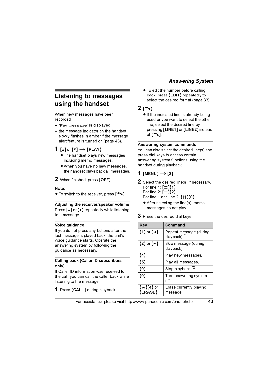 Panasonic KX-TG6700 Voice guidance, Calling back Caller ID subscribers only, Answering system commands, Key Command 