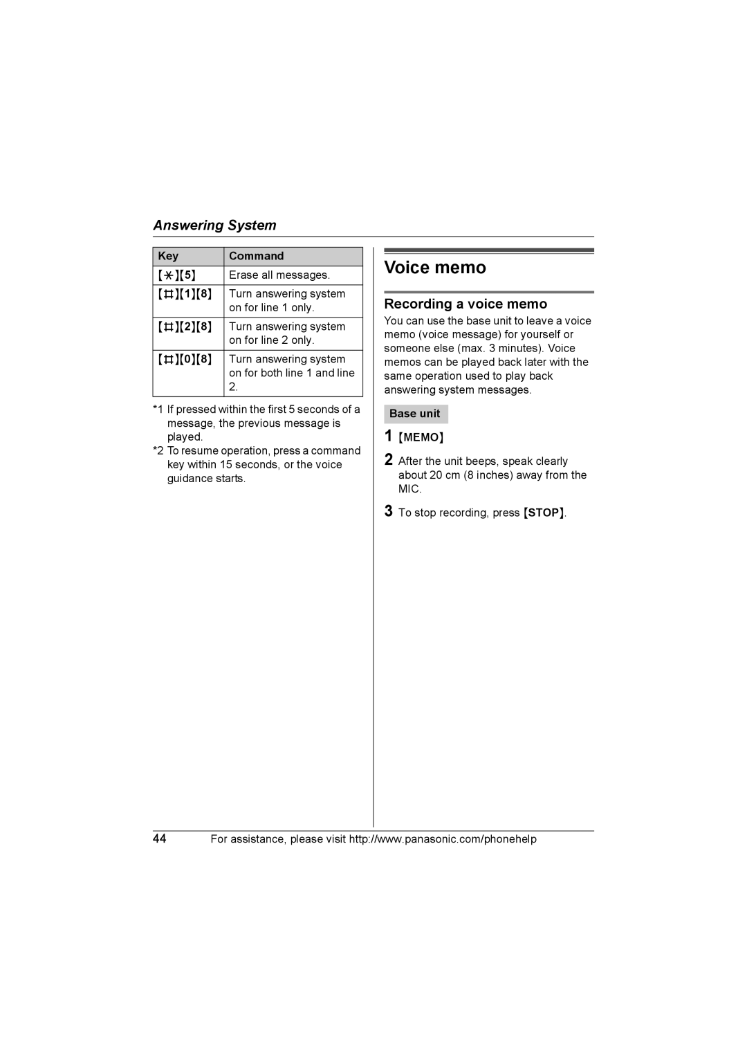 Panasonic KX-TG6702, KX-TG6700 operating instructions Voice memo, Recording a voice memo, Base unit Memo 