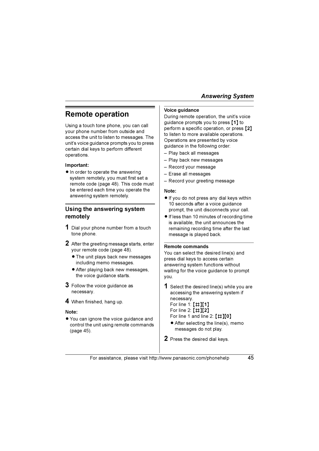 Panasonic KX-TG6700, KX-TG6702 operating instructions Remote operation, Using the answering system remotely, Remote commands 