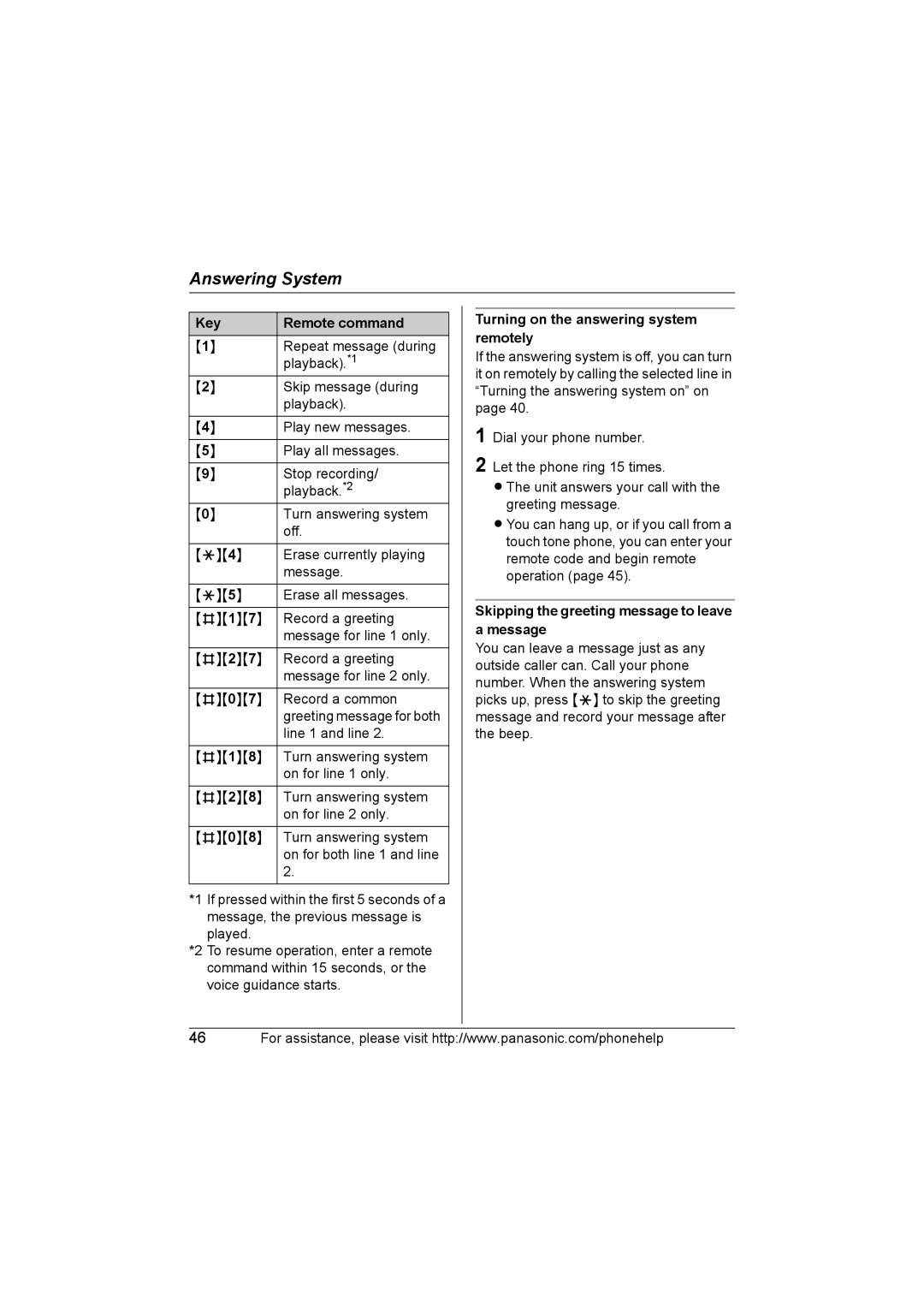 Panasonic KX-TG6702, KX-TG6700 operating instructions Key Remote command, Turning on the answering system remotely 