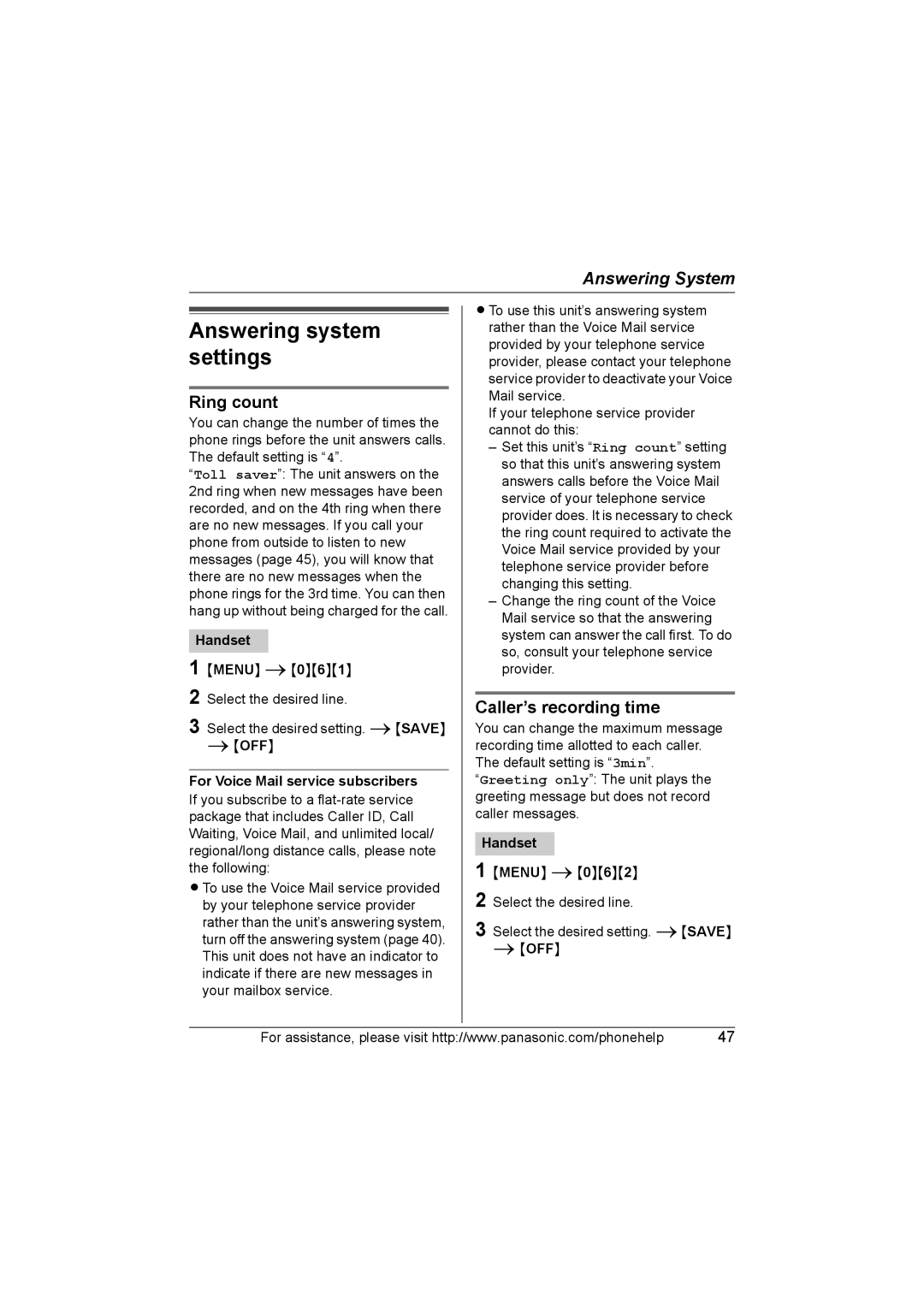 Panasonic KX-TG6700 Answering system settings, Ring count, Caller’s recording time, OFF For Voice Mail service subscribers 