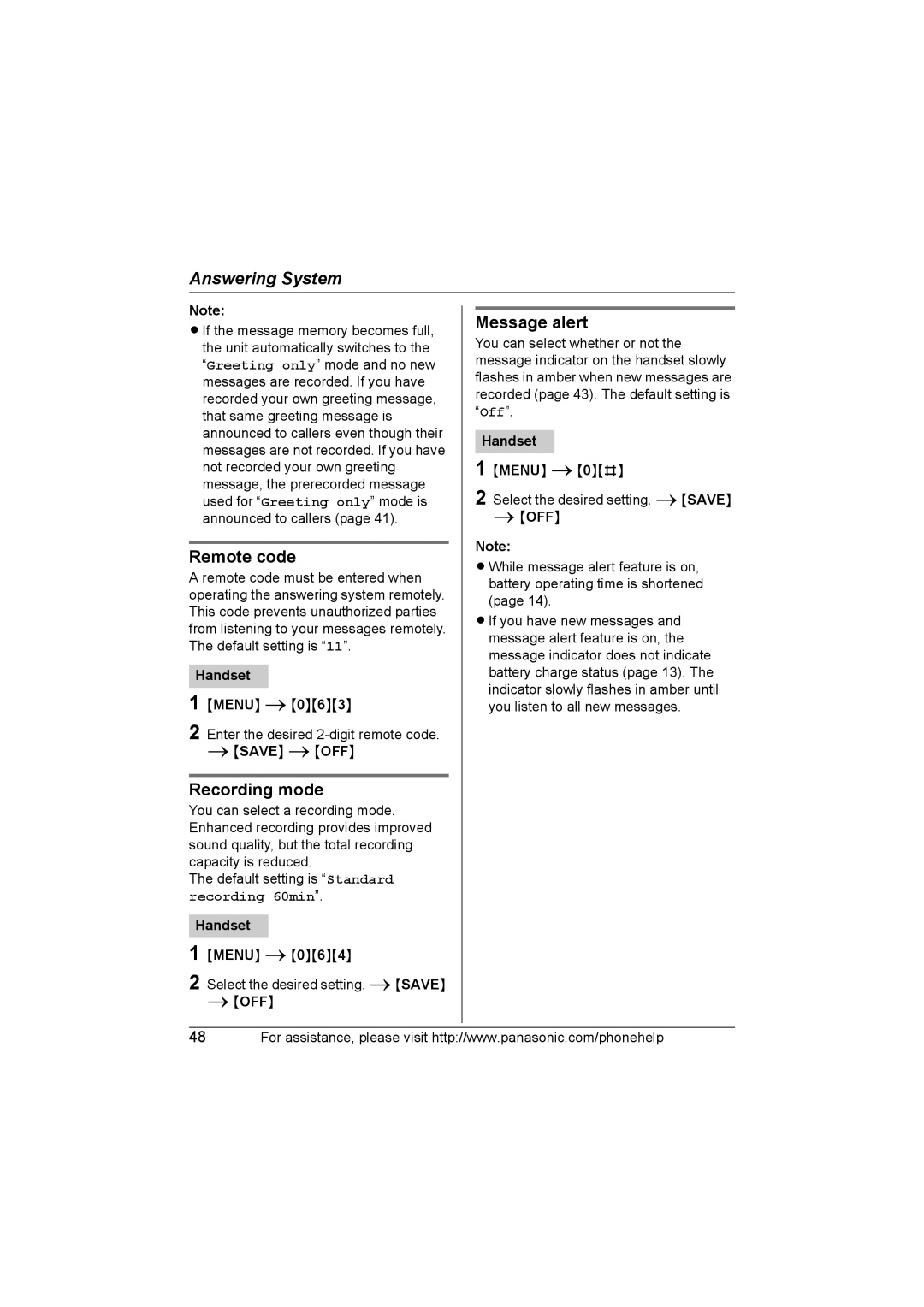 Panasonic KX-TG6702, KX-TG6700 operating instructions Remote code, Recording mode, Message alert 