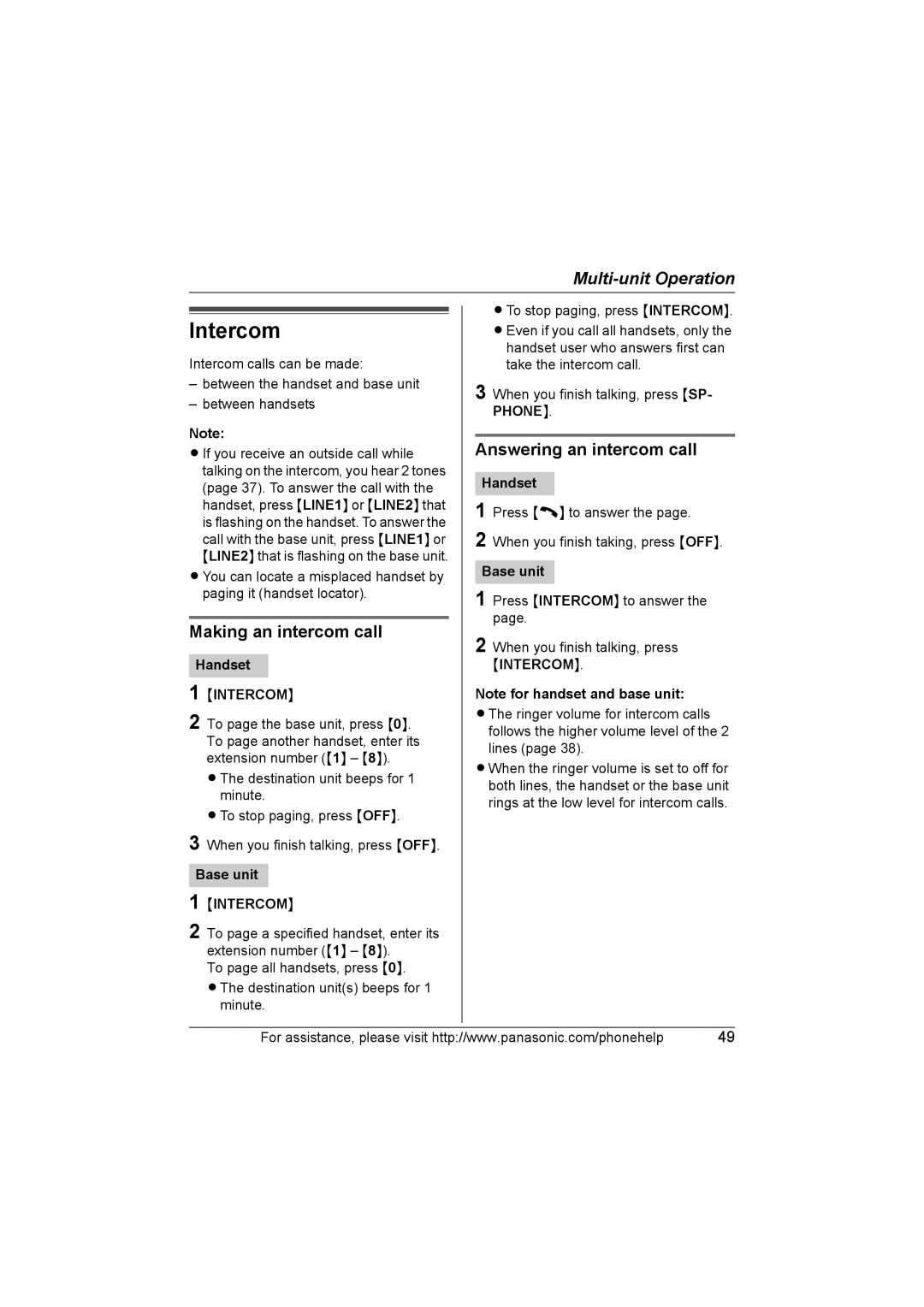 Panasonic KX-TG6700, KX-TG6702 operating instructions Intercom, Making an intercom call, Answering an intercom call 