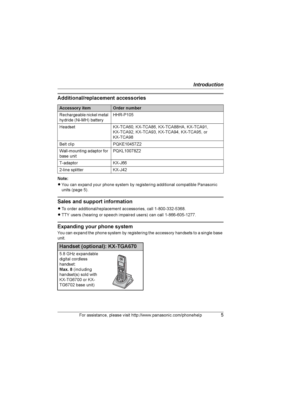 Panasonic KX-TG6700 Additional/replacement accessories, Sales and support information, Expanding your phone system 