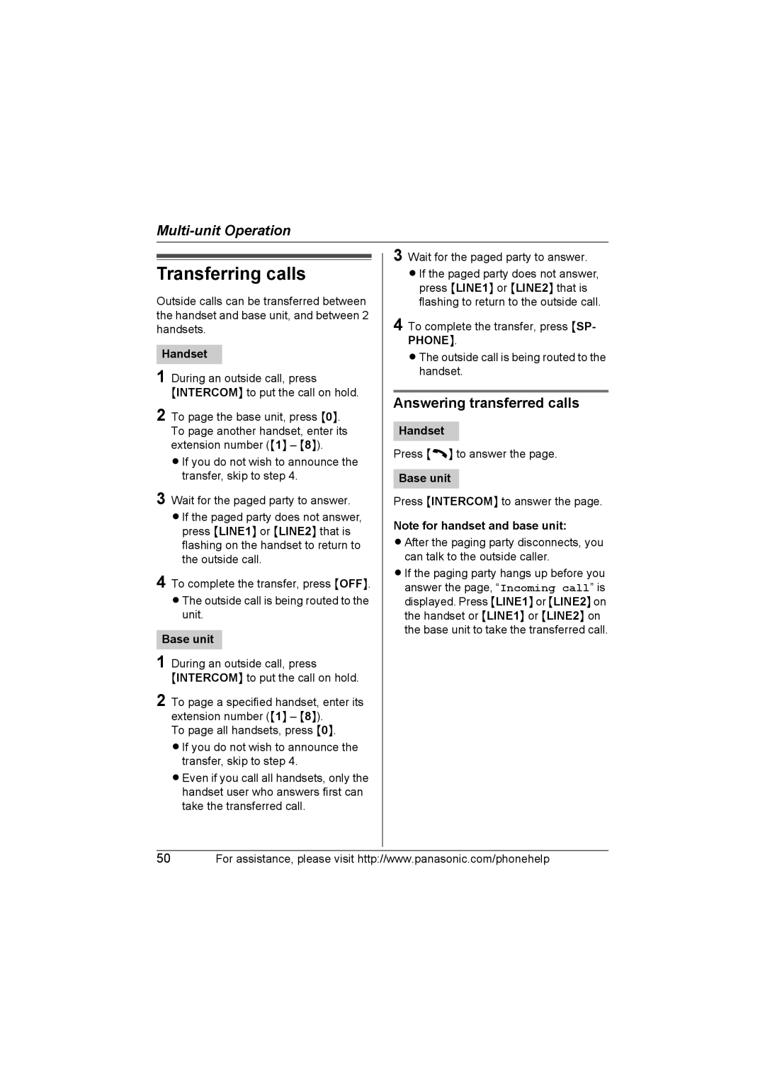 Panasonic KX-TG6702, KX-TG6700 operating instructions Transferring calls, Answering transferred calls 