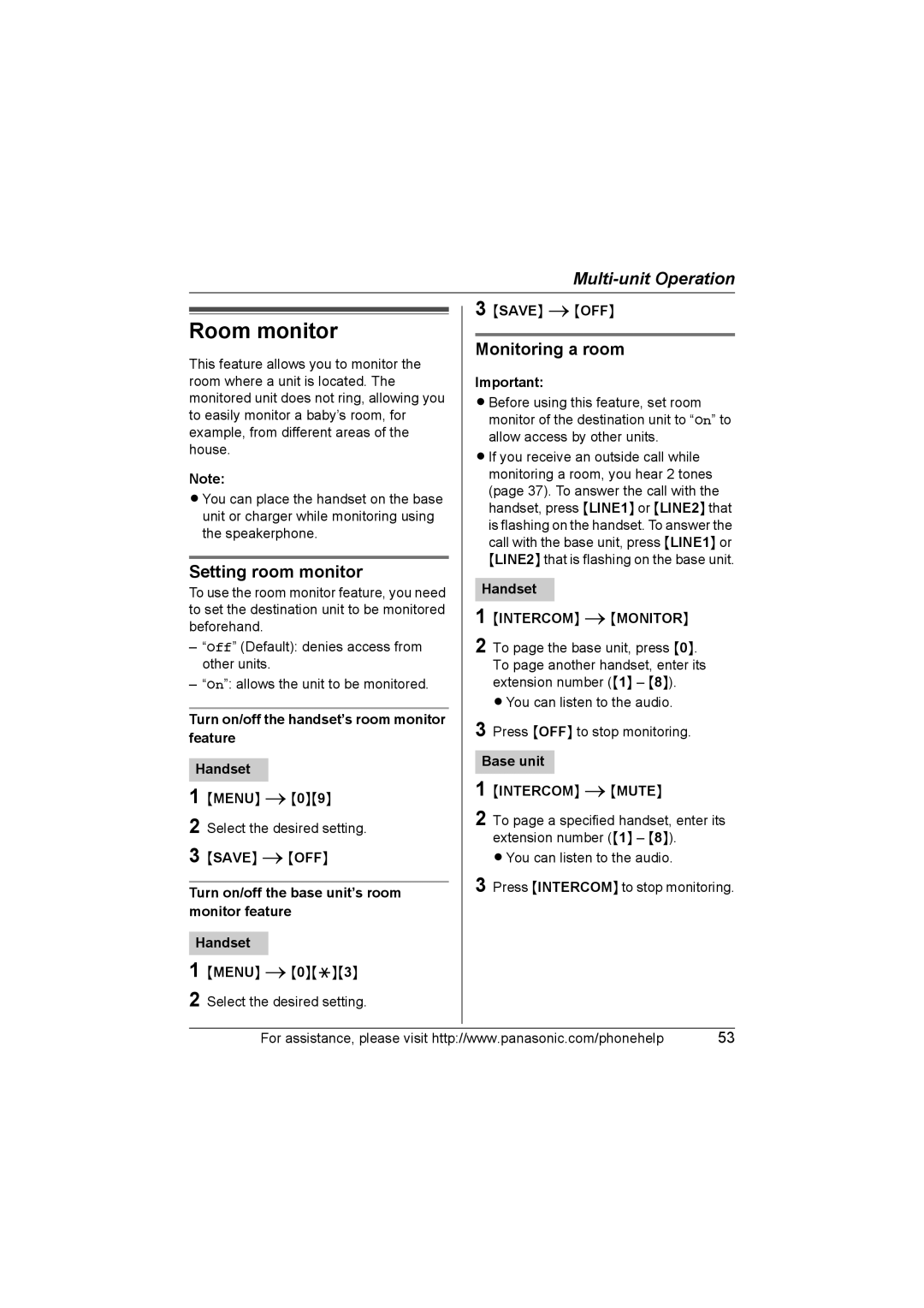 Panasonic KX-TG6700, KX-TG6702 operating instructions Room monitor, Setting room monitor, Monitoring a room 