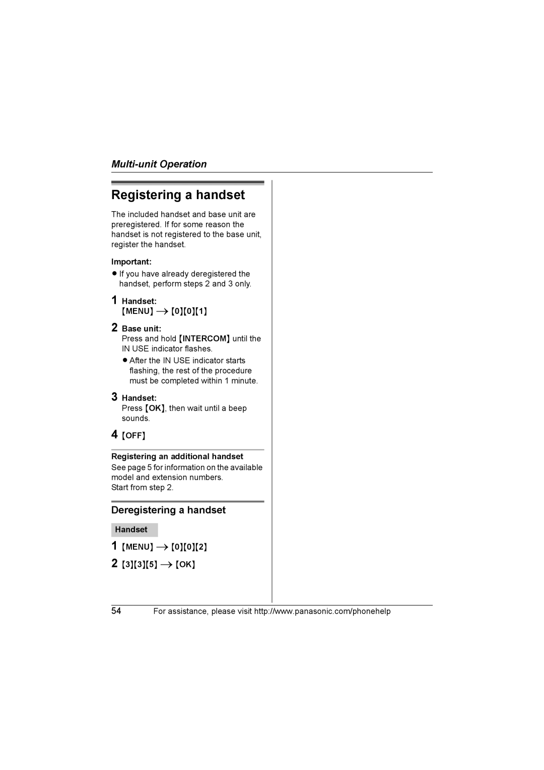 Panasonic KX-TG6702, KX-TG6700 Registering a handset, Deregistering a handset, OFF Registering an additional handset 