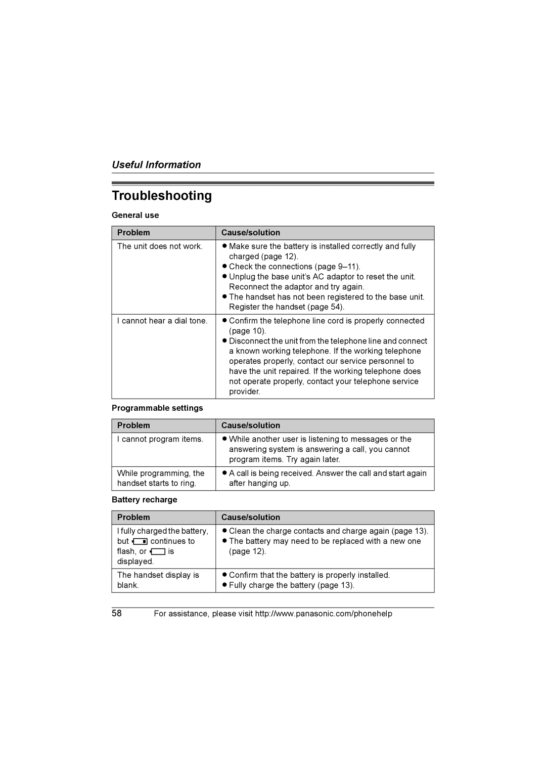 Panasonic KX-TG6702 Troubleshooting, General use Problem Cause/solution, Programmable settings Problem Cause/solution 