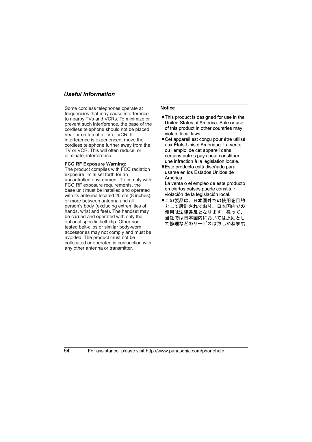 Panasonic KX-TG6702, KX-TG6700 operating instructions FCC RF Exposure Warning 