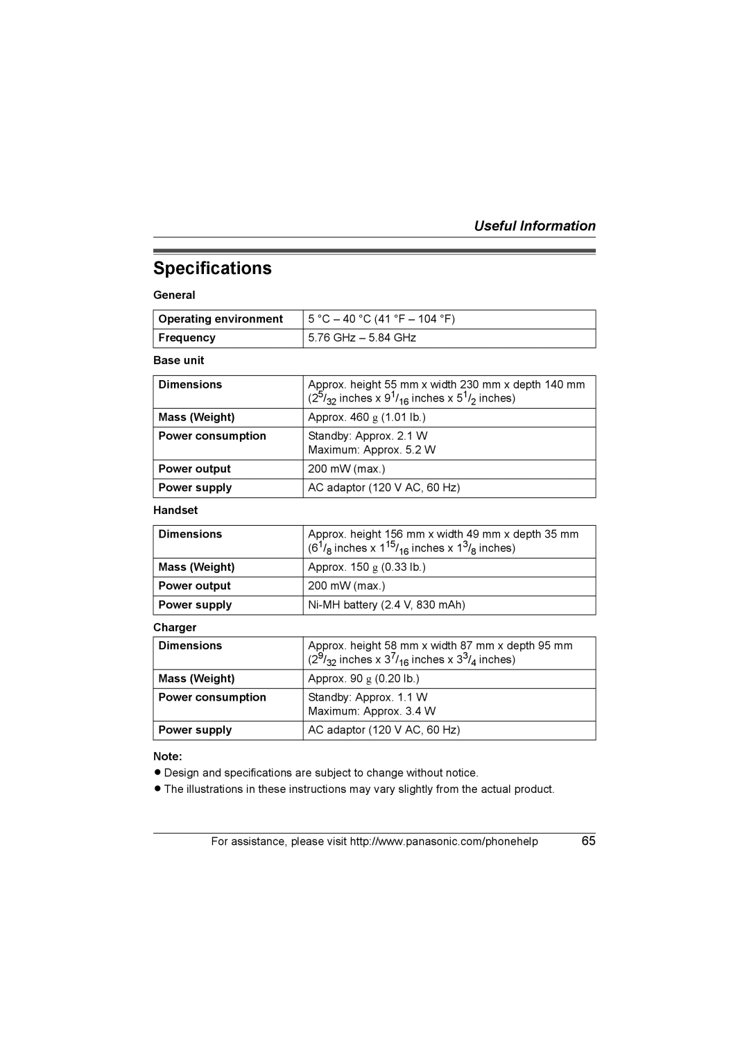 Panasonic KX-TG6700, KX-TG6702 operating instructions Specifications 