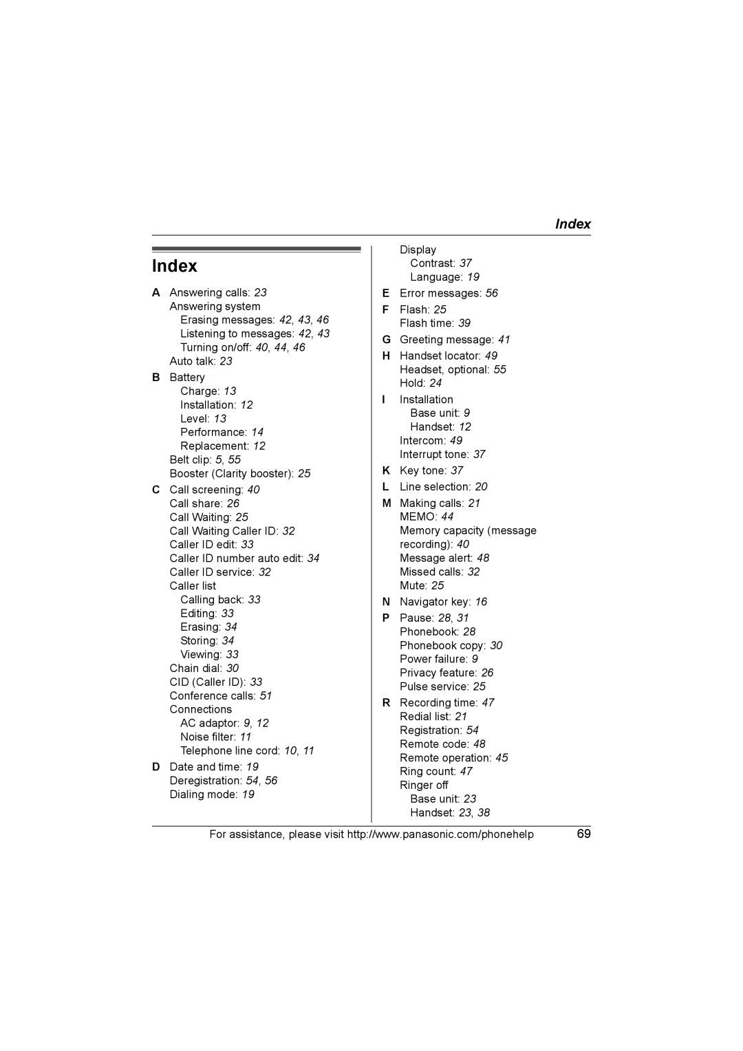 Panasonic KX-TG6700, KX-TG6702 operating instructions Index 