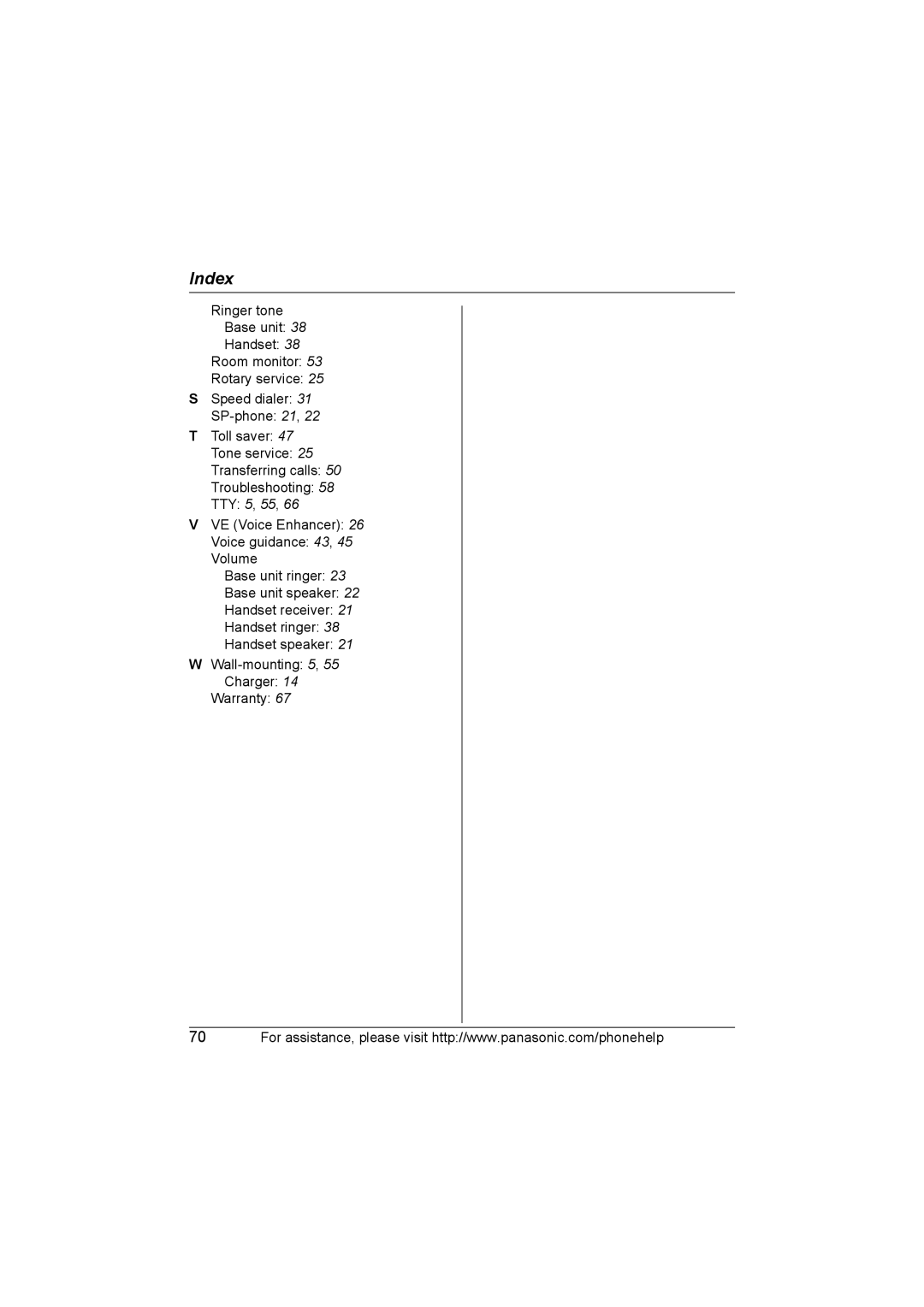 Panasonic KX-TG6702, KX-TG6700 operating instructions Index 