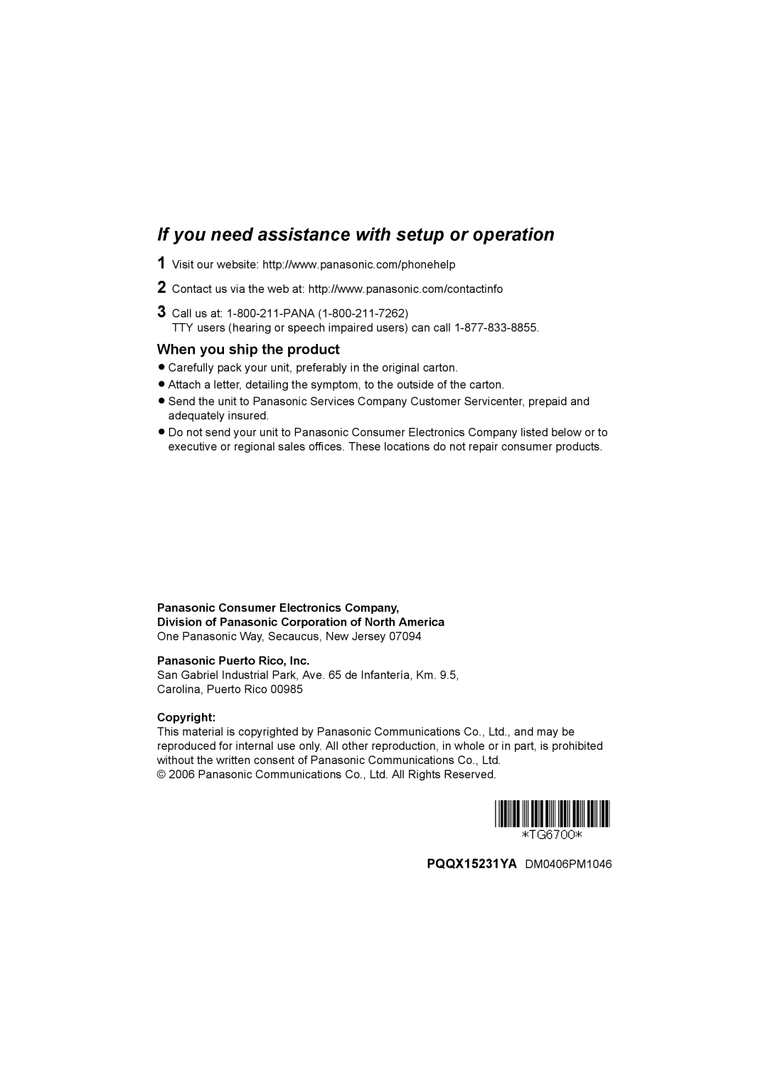 Panasonic KX-TG6702, KX-TG6700 operating instructions When you ship the product, Panasonic Puerto Rico, Inc, Copyright 