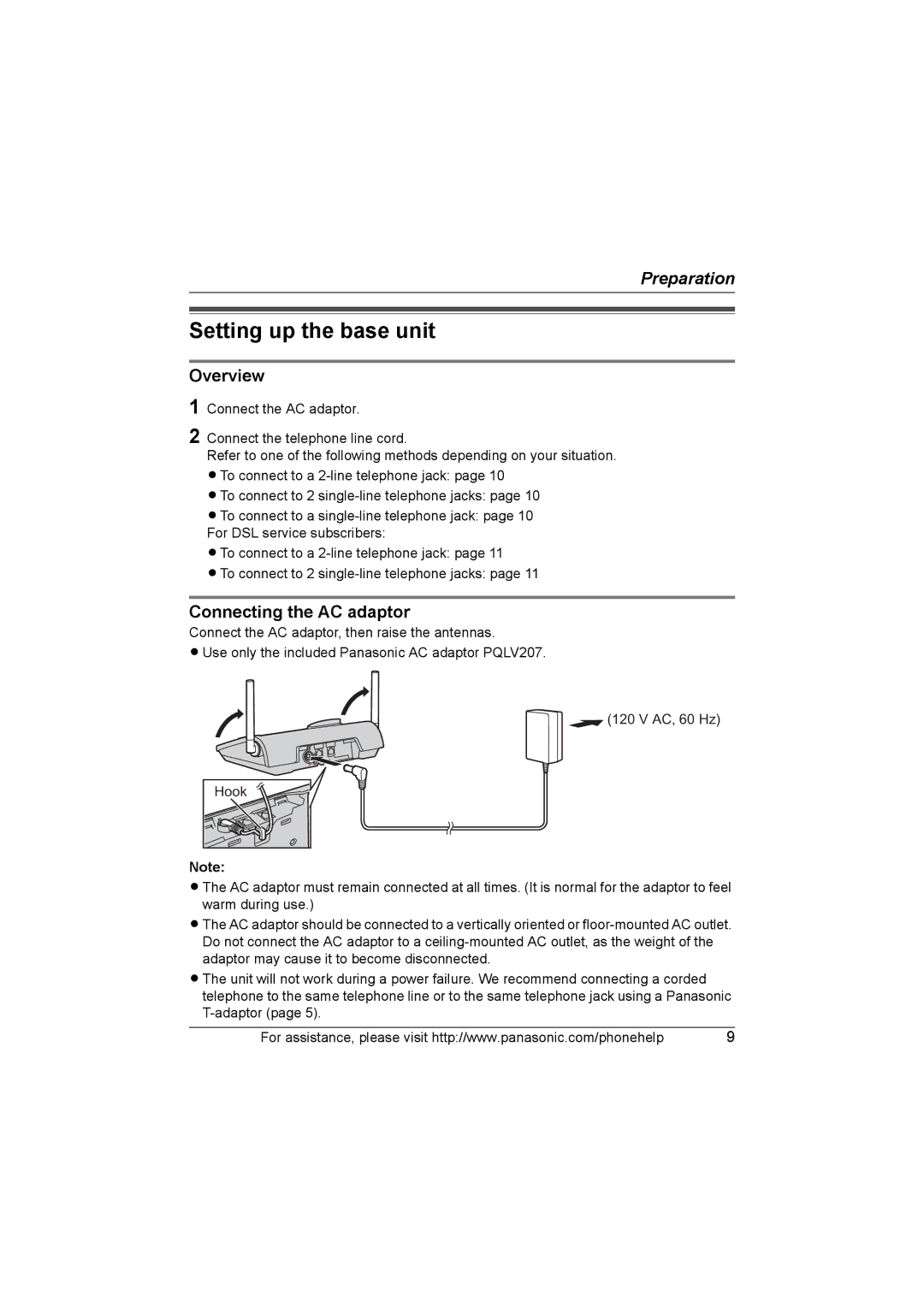 Panasonic KX-TG6700, KX-TG6702 operating instructions Setting up the base unit, Overview, Connecting the AC adaptor 