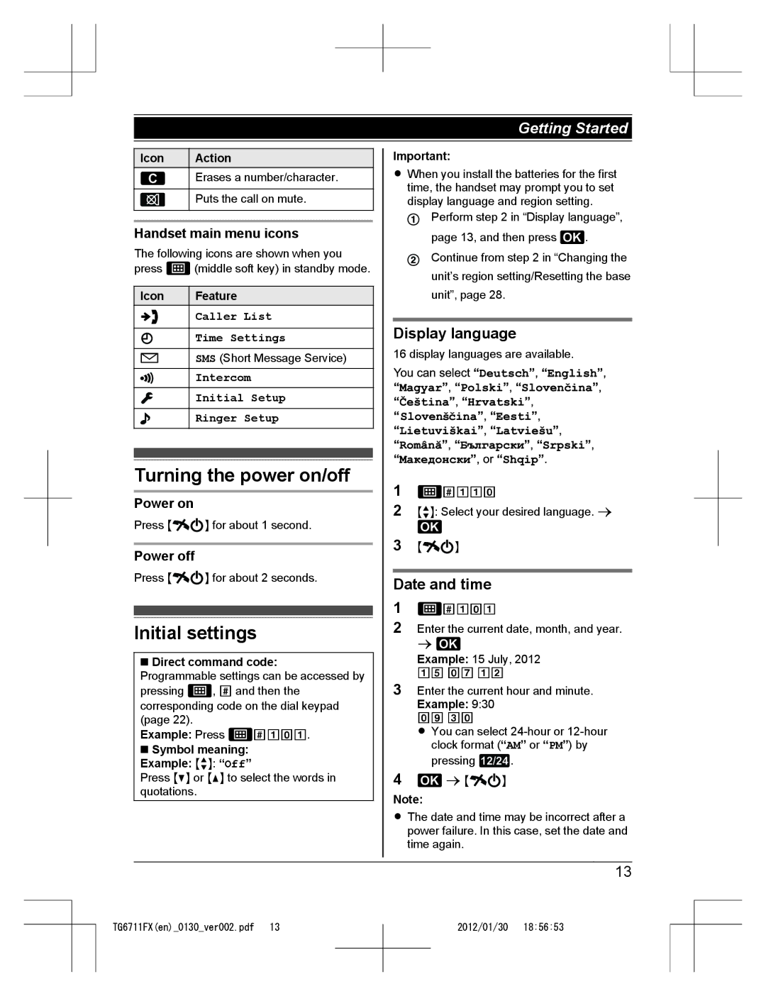 Panasonic KX-TG6711FX operating instructions Turning the power on/off, Initial settings, Display language, Date and time 