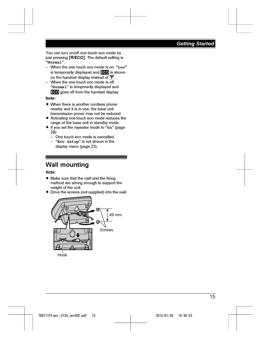 Panasonic KX-TG6711FX operating instructions Wall mounting 