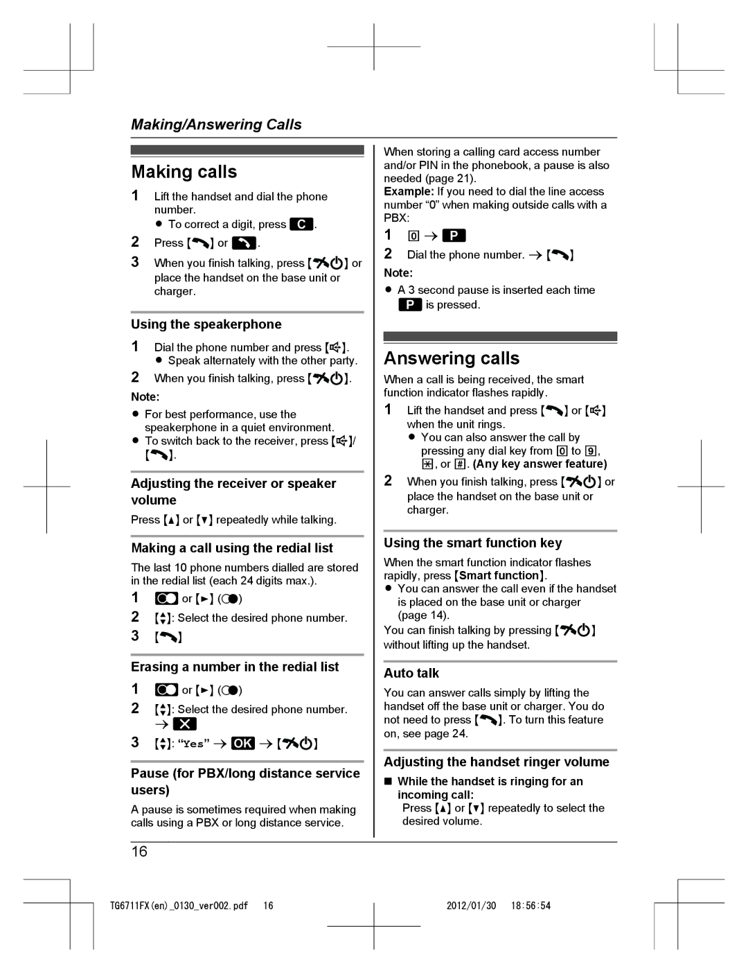 Panasonic KX-TG6711FX operating instructions Making calls, Answering calls 