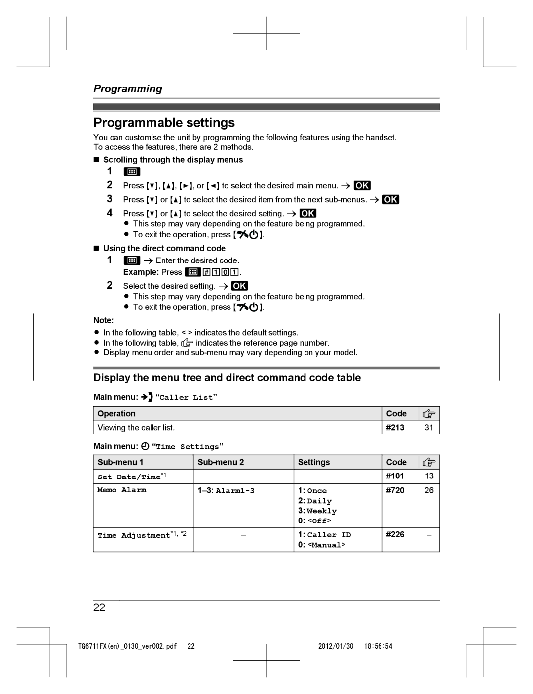 Panasonic KX-TG6711FX operating instructions Programmable settings, Display the menu tree and direct command code table 