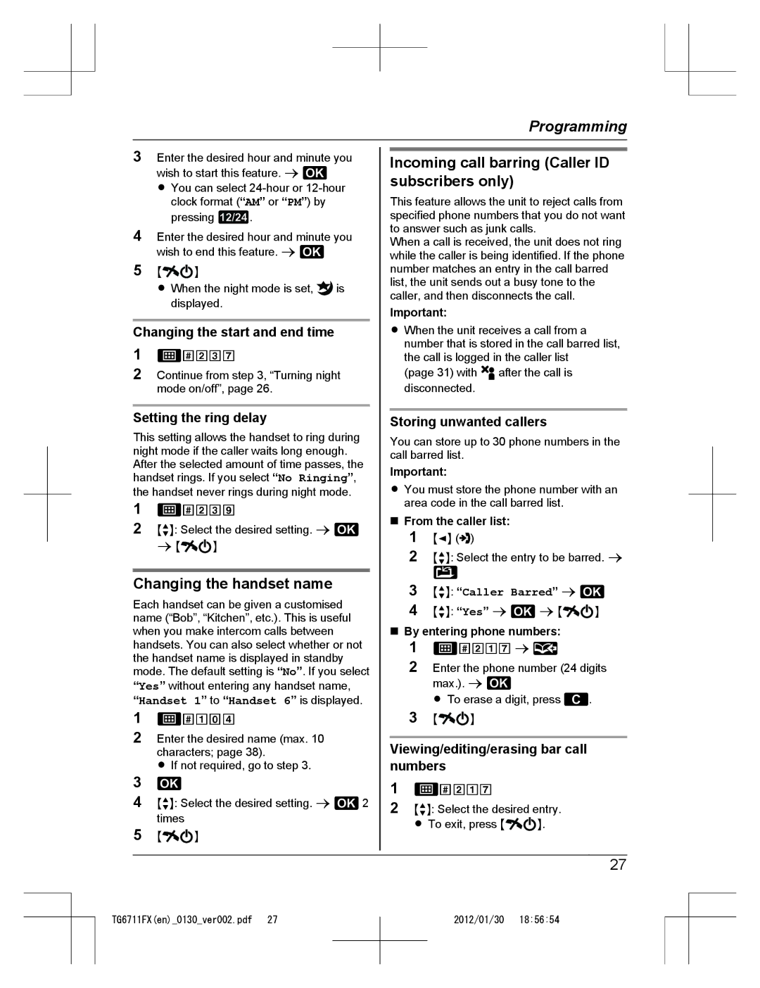 Panasonic KX-TG6711FX Incoming call barring Caller ID, Subscribers only, Changing the handset name, Numbers 