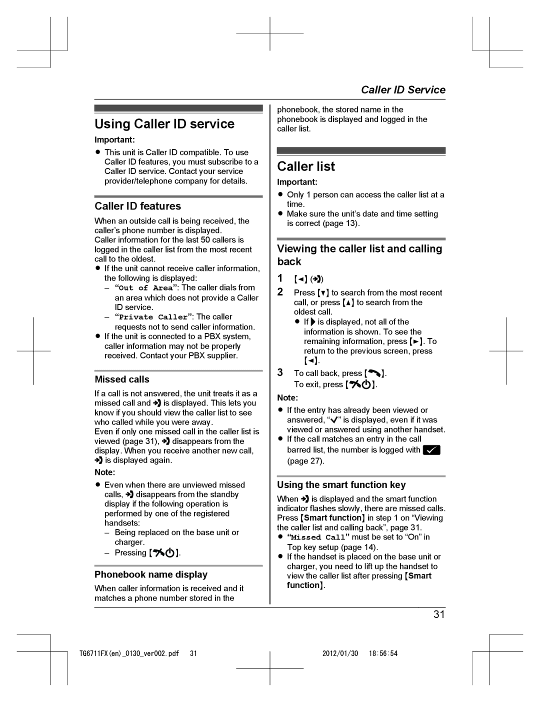 Panasonic KX-TG6711FX Using Caller ID service, Caller list, Caller ID features, Viewing the caller list and calling back 