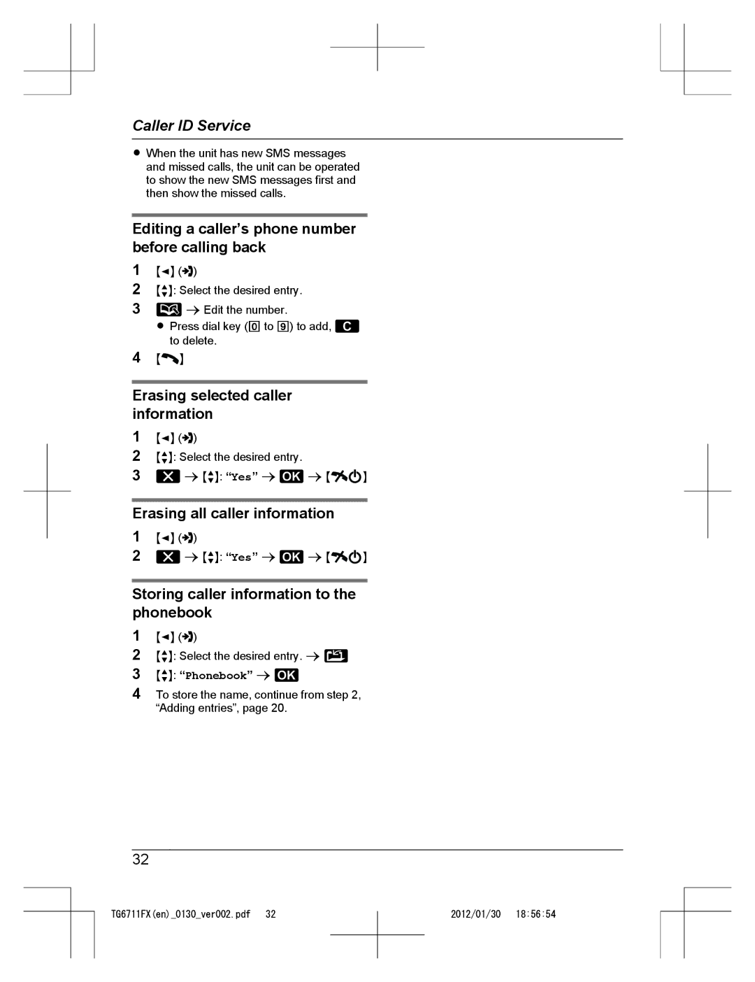 Panasonic KX-TG6711FX Editing a caller’s phone number before calling back, Erasing selected caller information 