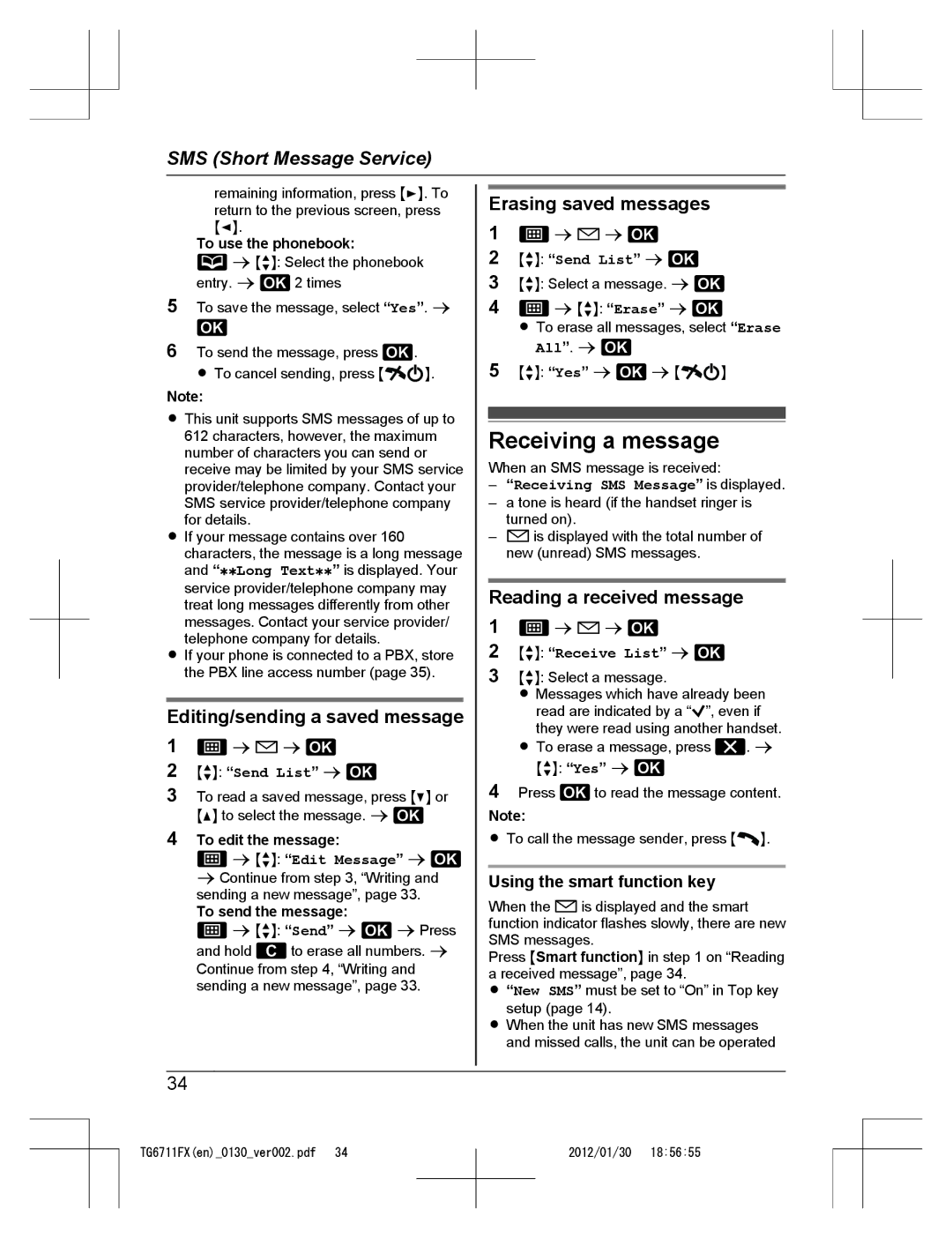 Panasonic KX-TG6711FX operating instructions Receiving a message, Editing/sending a saved message, Erasing saved messages 