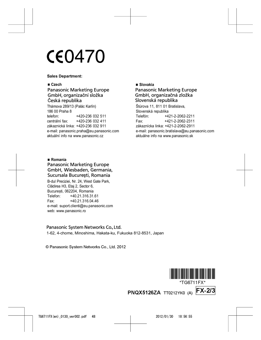 Panasonic KX-TG6711FX operating instructions FX-2/3, Sales Department Czech Slovakia, Romania 