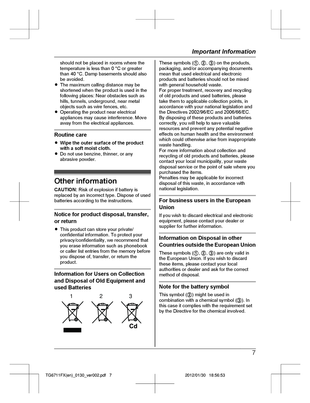 Panasonic KX-TG6711FX operating instructions Other information, Routine care, For business users in the European Union 