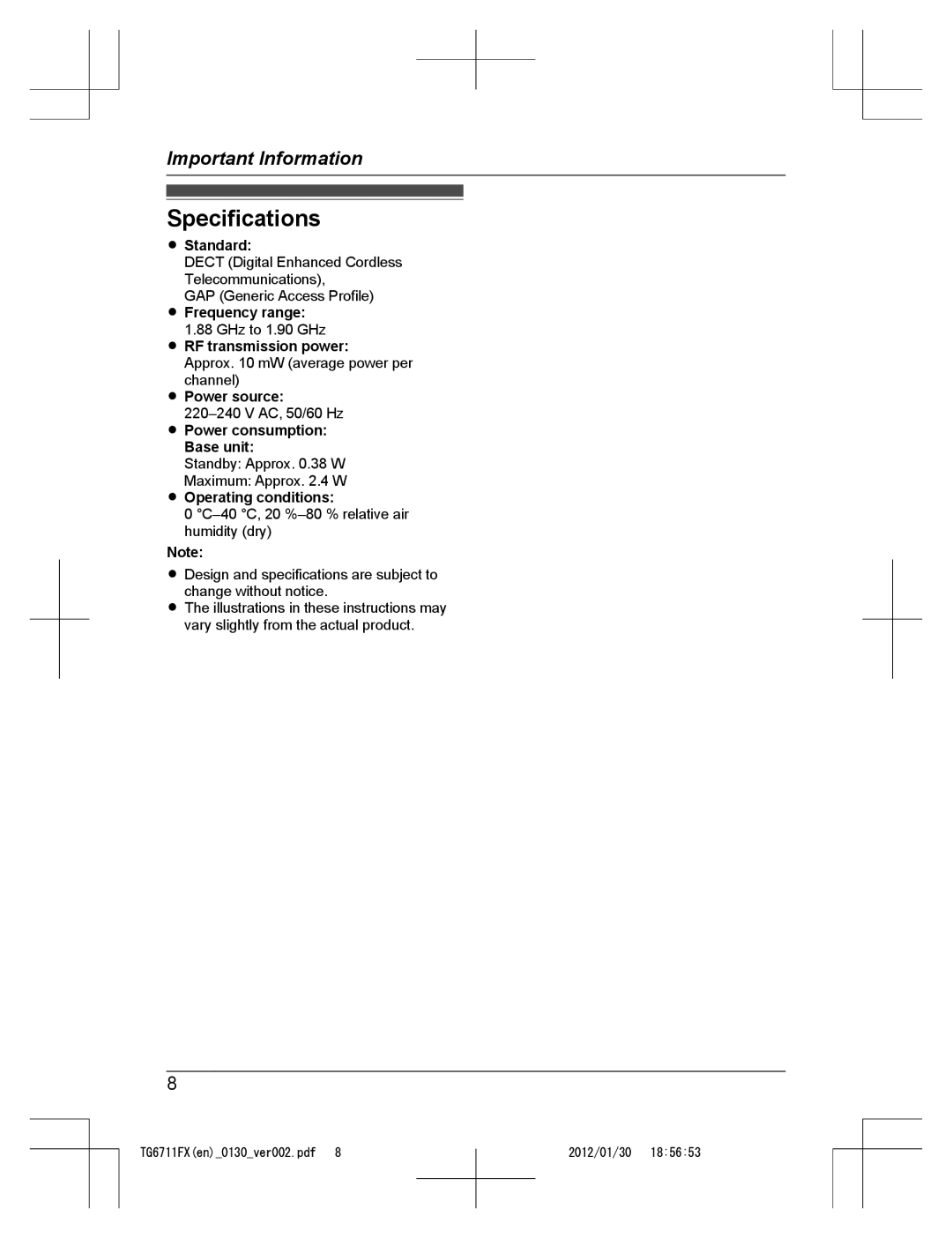 Panasonic KX-TG6711FX Specifications, Standard, Frequency range, RF transmission power, Operating conditions 