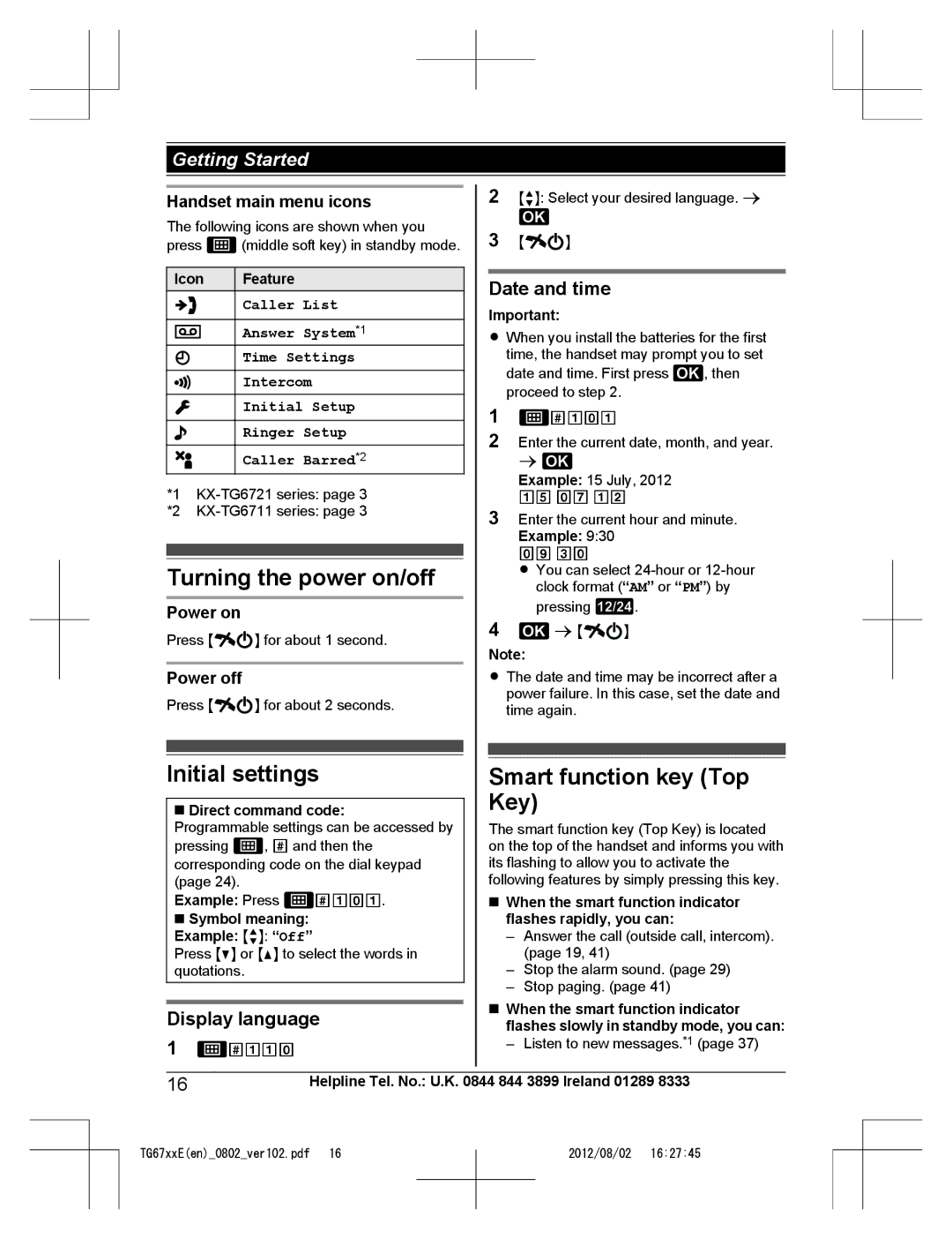 Panasonic KX-TG6761E, KX-TG6724E Turning the power on/off, Initial settings Smart function key Top Key, Date and time 