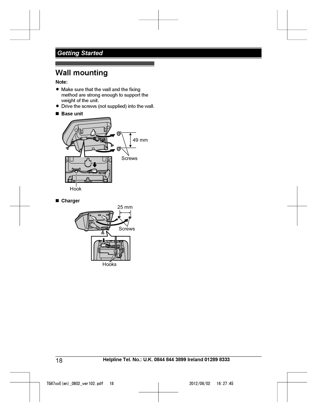 Panasonic KX-TG6723E, KX-TG6724E, KX-TG6761E, KX-TG6721E, KX-TG6722E operating instructions Wall mounting, Base unit 