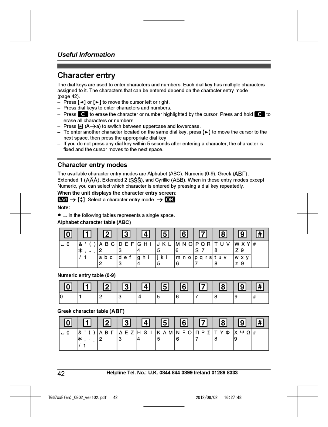 Panasonic KX-TG6721E, KX-TG6724E, KX-TG6761E, KX-TG6723E, KX-TG6722E operating instructions Character entry modes 