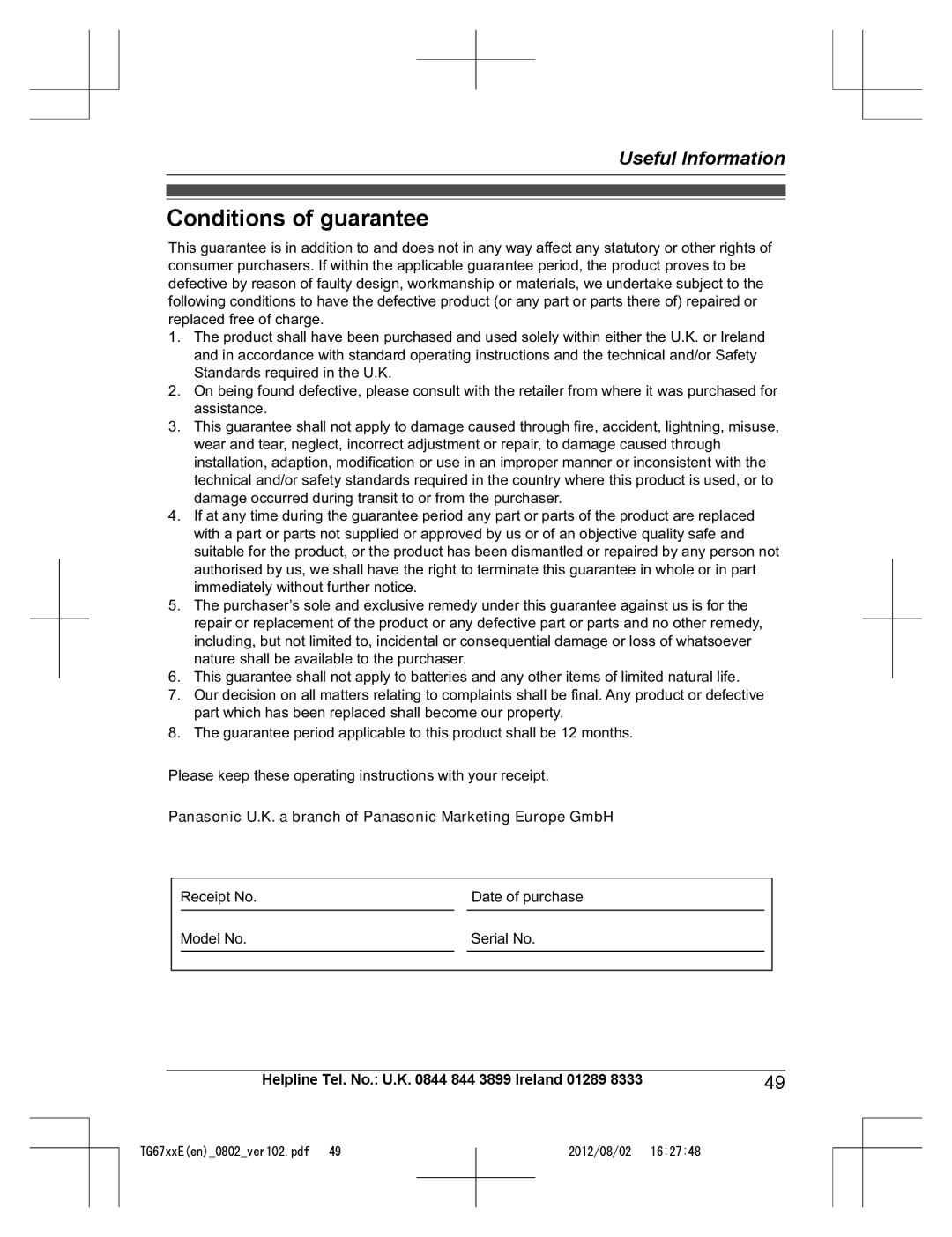 Panasonic KX-TG6722E, KX-TG6724E Conditions of guarantee, Panasonic U.K. a branch of Panasonic Marketing Europe GmbH 