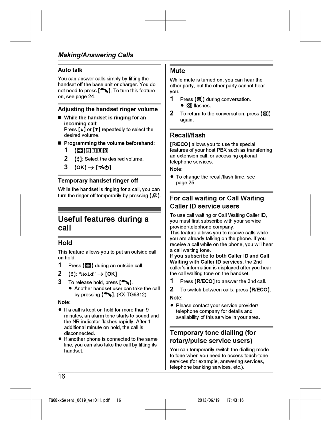 Panasonic KX-TG6811SA, KX-TG6812SA, KX-TG6821SA operating instructions Useful features during a call 