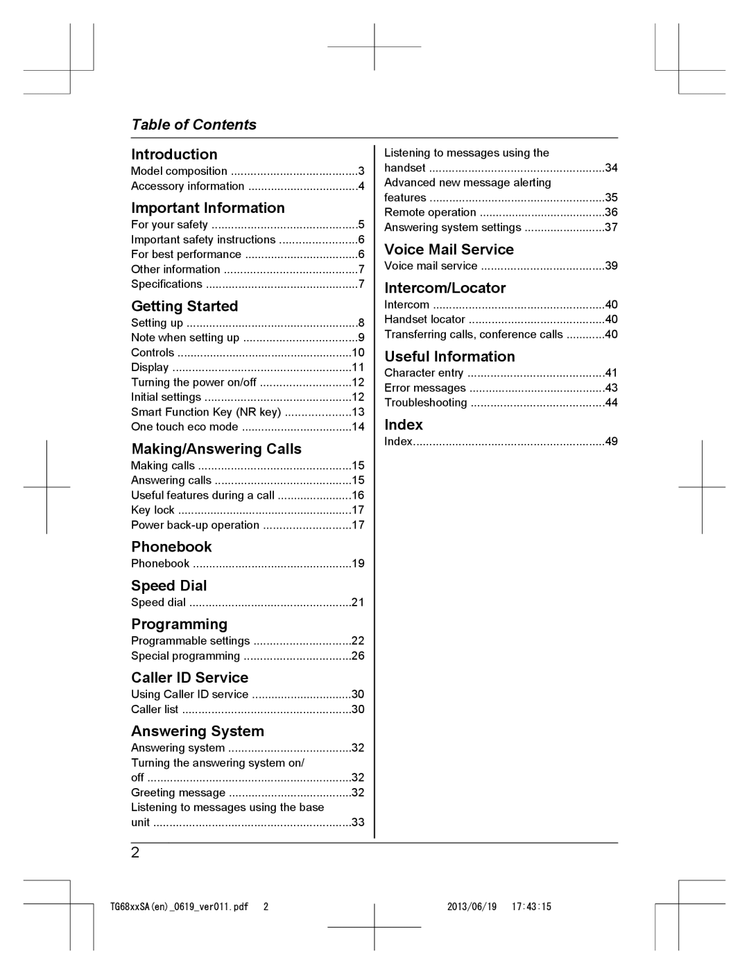 Panasonic KX-TG6821SA, KX-TG6812SA, KX-TG6811SA operating instructions Table of Contents 